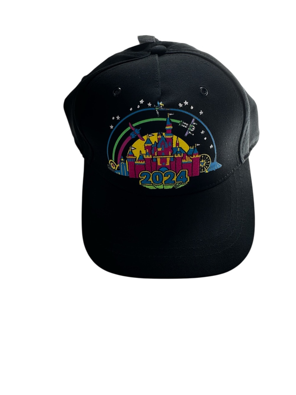 Disney Parks 2024 Black Baseball Cap with Colorful Castle Graphic